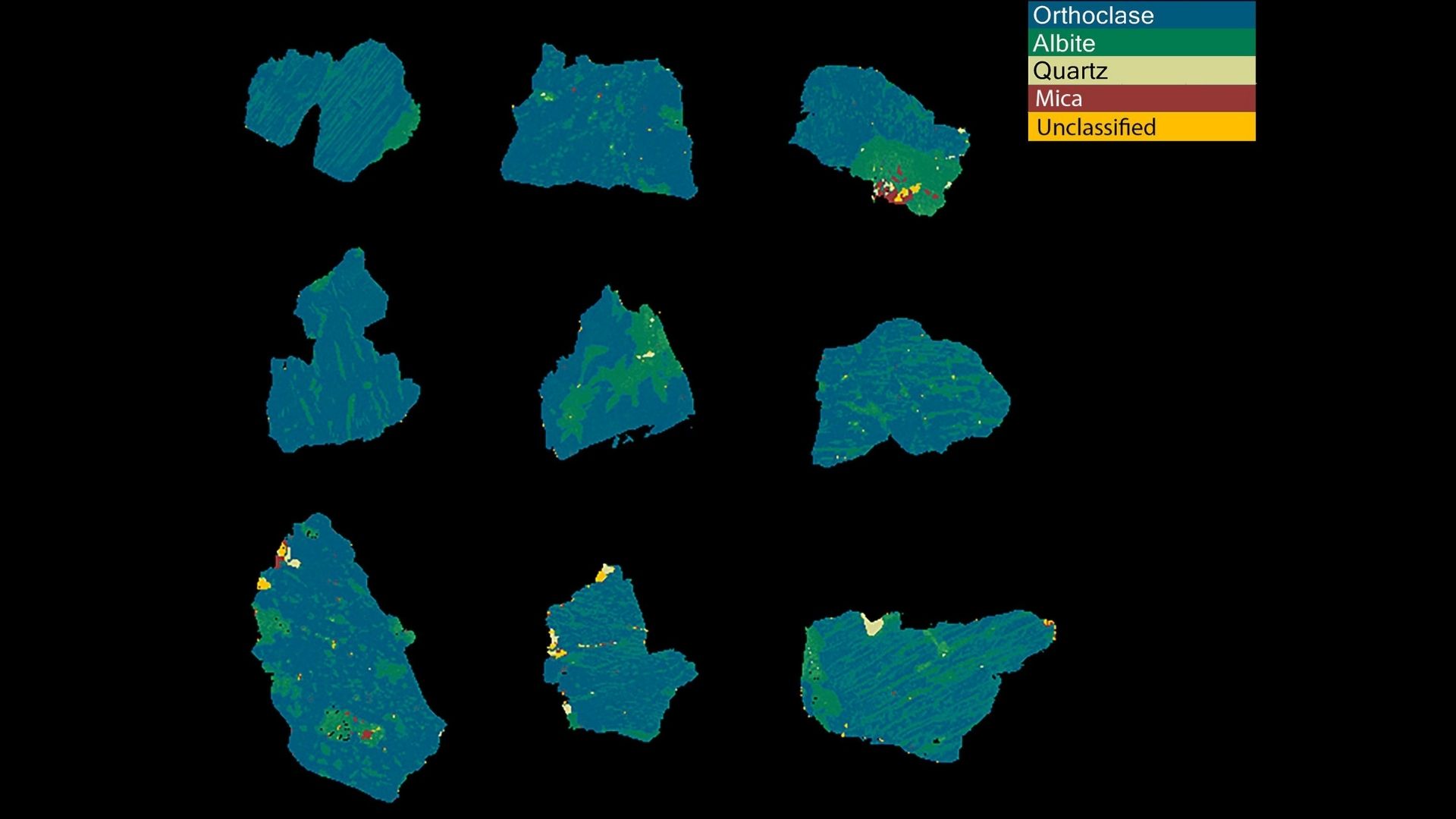 QEMSCAN maps of alkali feldspar grains, including orthoclase (blue), albite (green), quartz (beige), mica (red) and unclassified (orange) phases QEMSCAN maps of alkali feldspar grains, including orthoclase (blue), albite (green), quartz (beige), mica (red) and unclassified (orange) phases