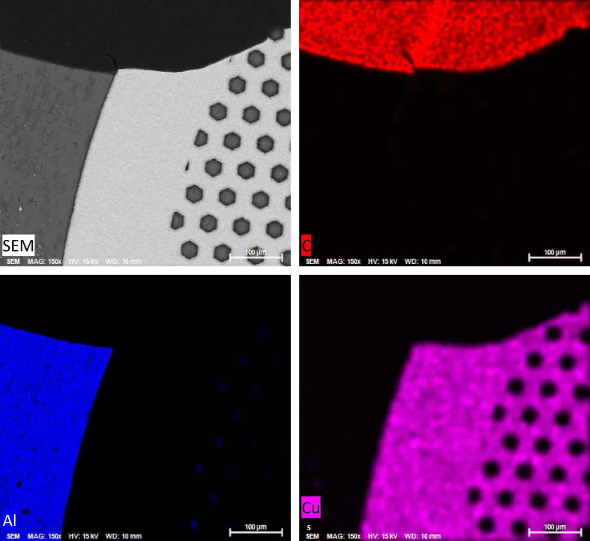 A copper TEM grid mounted on an aluminium stub with carbon paint, imaged using a BSED detector and mapped with an EDS detector (capturing BSED and EDS signals)
